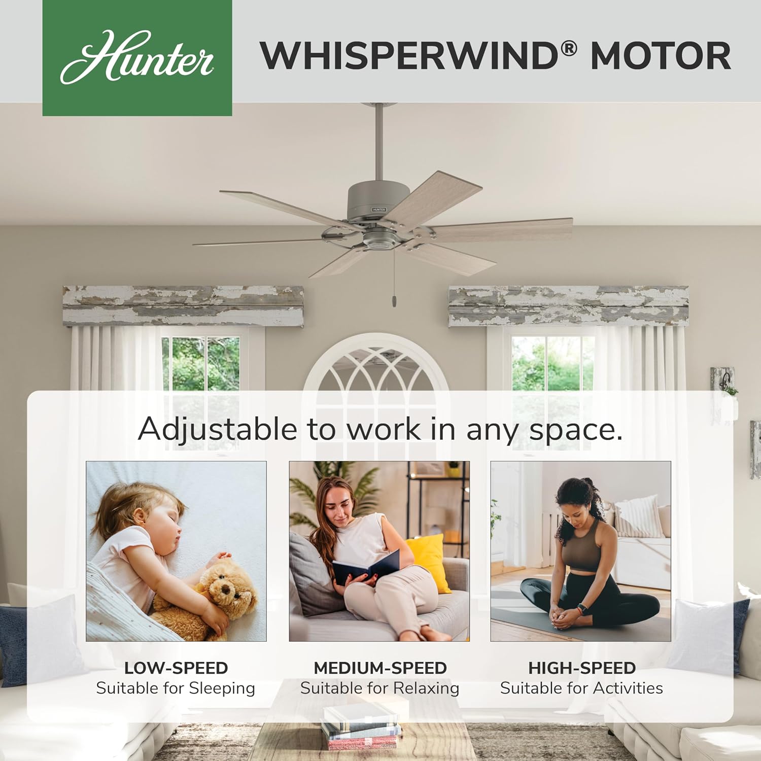 Hunter 52 inch Indoor Ceiling Fan No Light - Ceiling Fan without Light, 6 Blades, Standard Mount, For Bedroom, Living Room, or Kitchen, Pull Chain - Gilrock 52353, Matte Silver