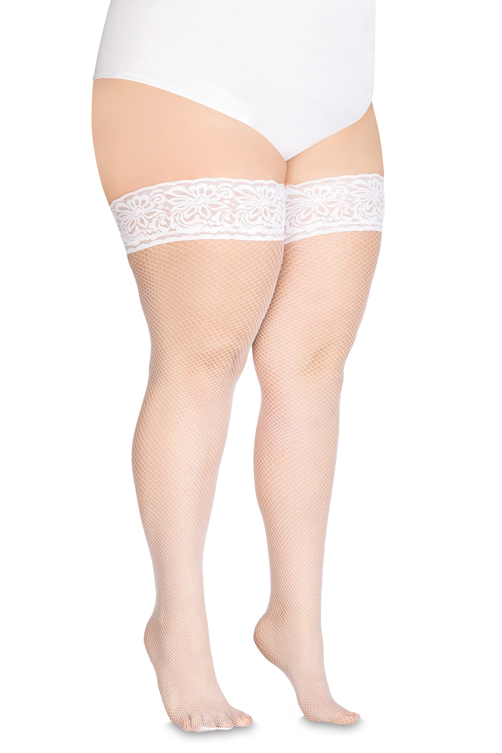 Annes Styling Women's Bianco Calze Rete Fishnet Hold Up Stockings Silicone Lace Top High Diamonds Nylon Netted Socks, Tg-3/4