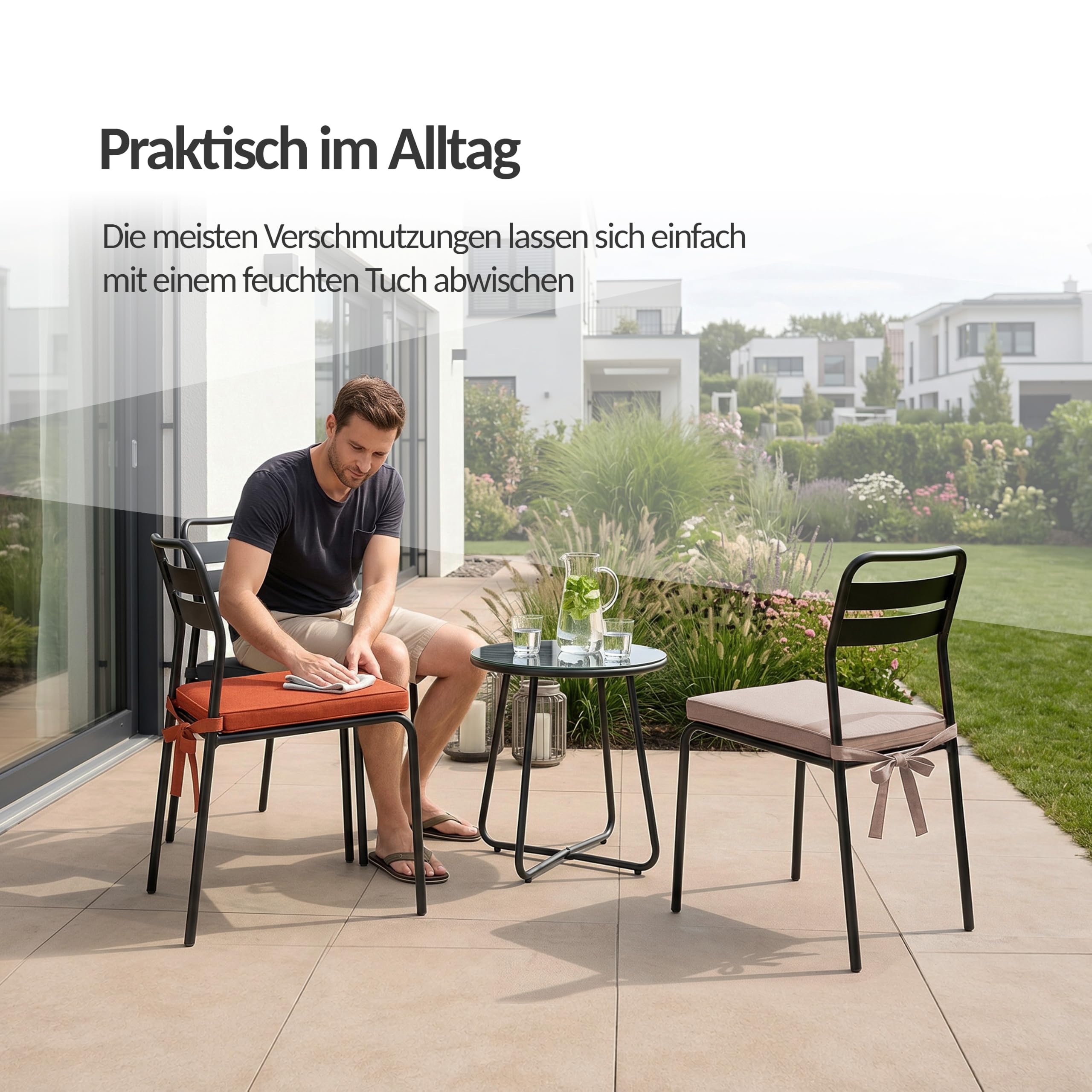 POKAR 4er Set Stuhlkissen mit Bindebändern 40x45x40 cm (5 cm Dicke) | Sitzkissen für Gartenstühle, Rattanstühle und Esszimmerstühle | Stuhlauflage Indoor & Outdoor | Oeko-TEX | Made in EU | Blau