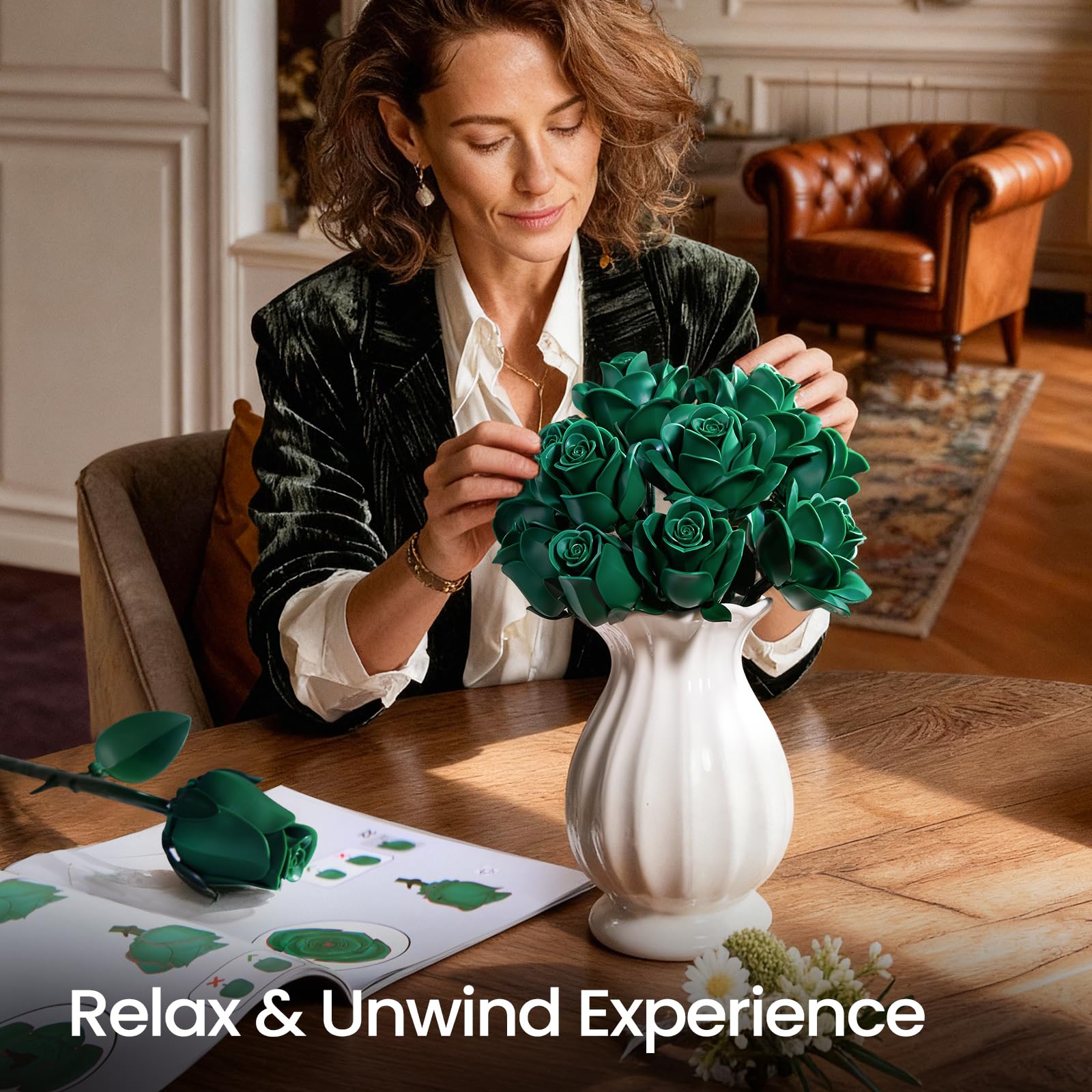 iATOM Burgundy Red Rose Bouquet Building Set, 12Pcs Flower Botanical Collection Kit for Adult, for Her/Girlfriend/Mom/Wife/Couple, Vintage Home Office Table Centerpiece Decor: Green Rose Bouquet