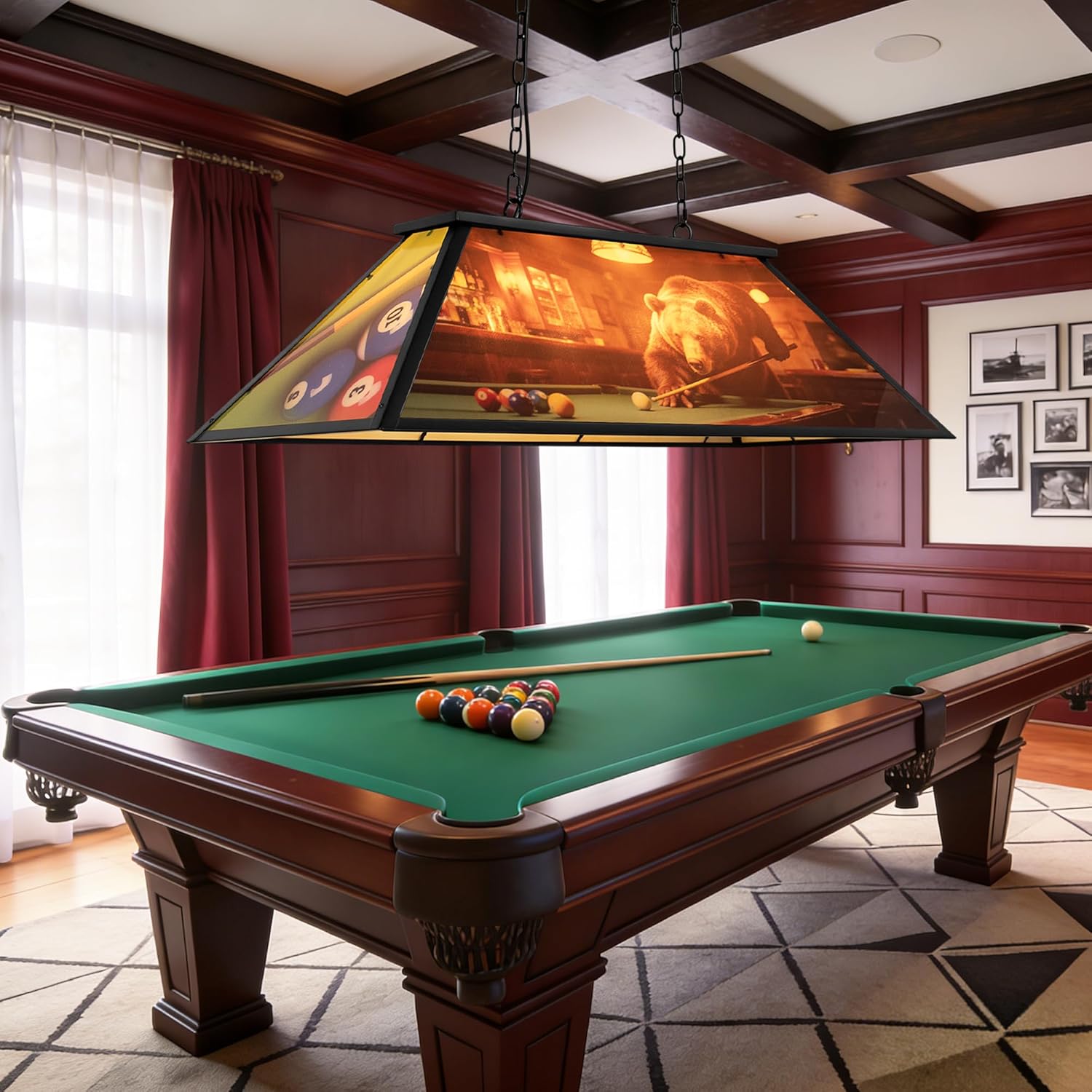 4-Light Tiffany Pool Table Lamp, 43" Billiards Light Fixture for 7'- 9' Pool Table Hanging Lamp, with Bear Playing Billiards Light Transmittance Shade, Suitable for Game Room, Man Cave, Cabin