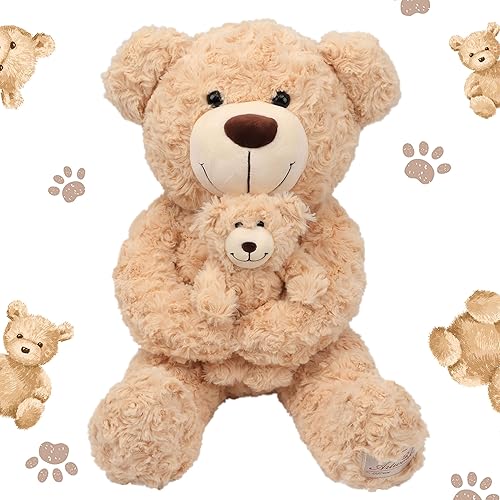 Hopearl Oso de peluche suave para mamá y bebé estirado, juguete de peluche suave para baby shower, guardería, decoración de animales del zoológico