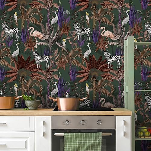Miniatura 4 de CRE8TIVE Papel tapiz vintage de 24 x 118 pulgadas, diseño de animales de la selva tropical, hojas de bosque, cebra, pájaro, plantas, papel adhesivo