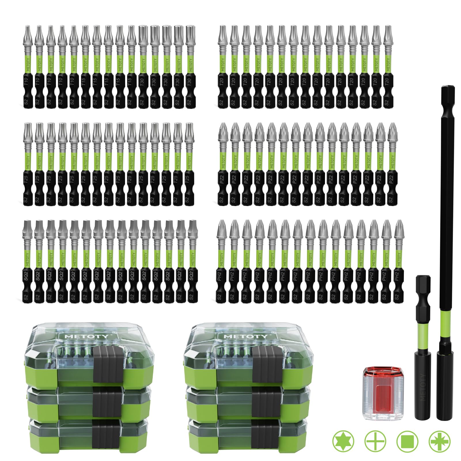 93-Piece Impact Screwdriver Bit Set with Magnetic Function. Includes 50mm bits (PH2, PZ2, SQ2, T10, T15, T20, T25, T30) with Magnetizer and Extension bar.