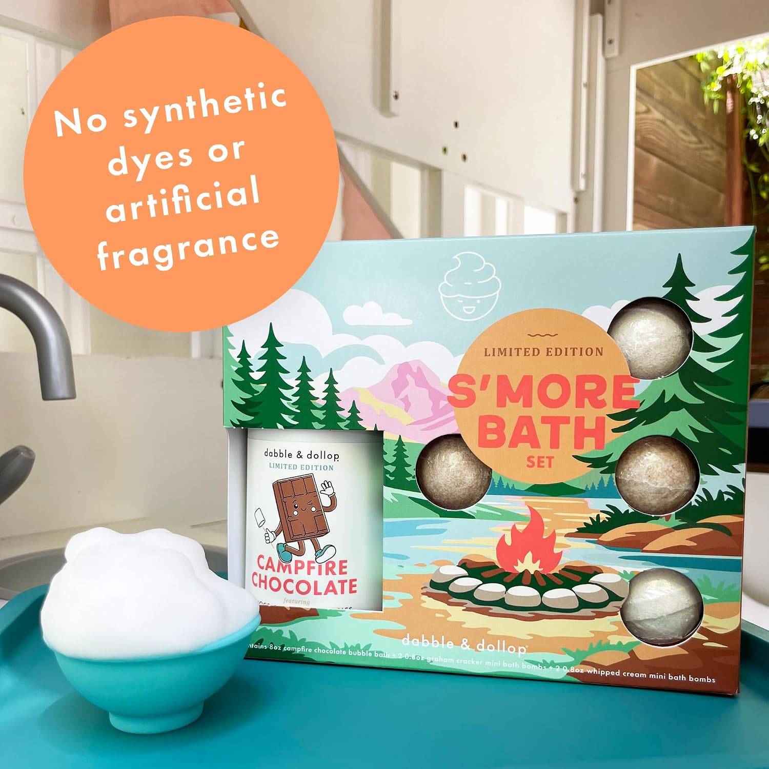 Dabble & Dollop S’Mores Bath Set - Kids Bath Bombs Gift Set with Tear-Free Chocolate 3-in-1 Shampoo, Body Wash & Bubble Bath + Marshmallow & Graham Bath Bombs – Gentle for Sensitive Skin (5-Piece)