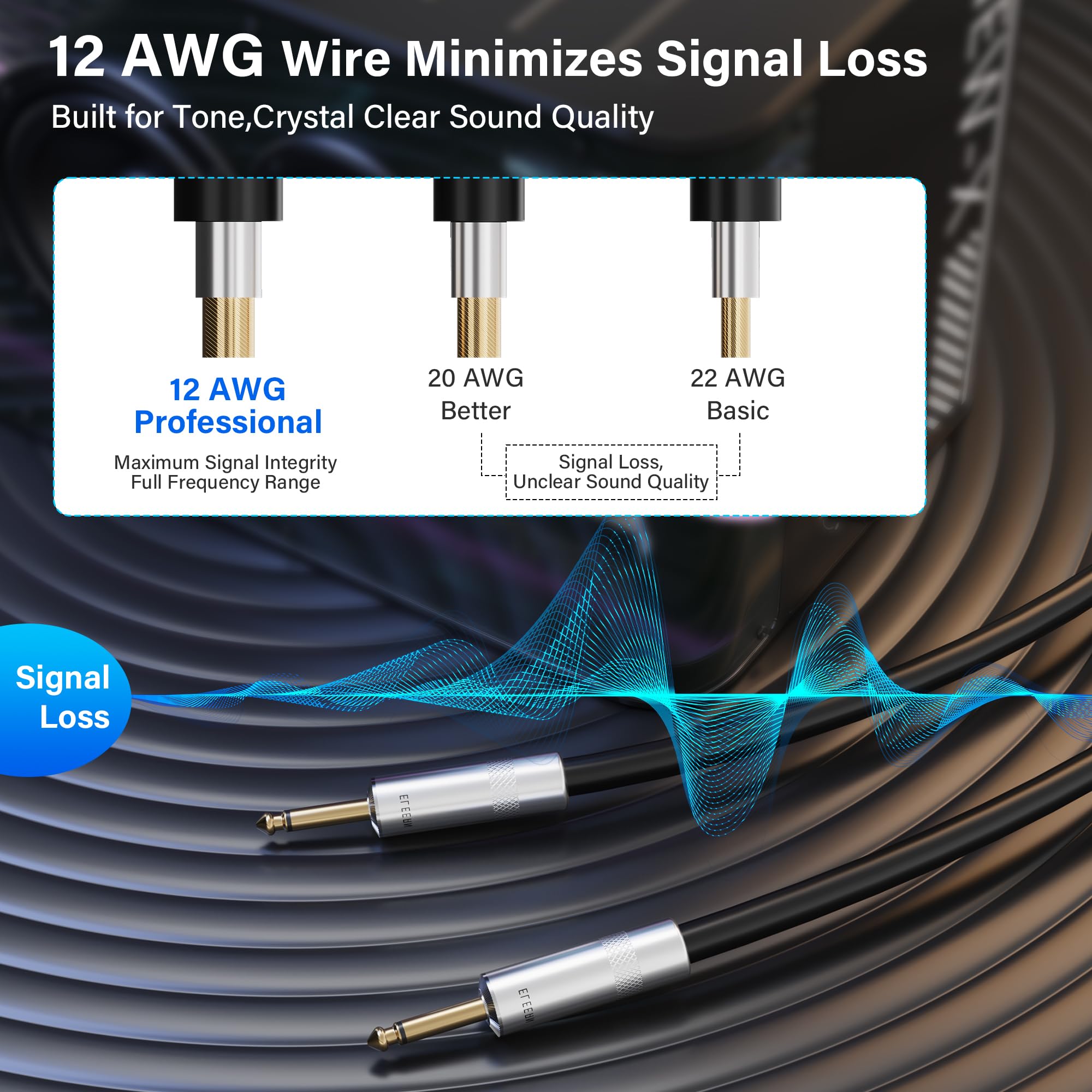 Elecan Premium Gitarrenkabel, 6,35 mm, 1/4 Zoll TS auf 1/4 Instrumentenkabel, Mono-Klinke, 12 AWG, unsymmetrisches Bass-AMP-Kabel, Stecker auf Stecker, für E-Gitarre, Bass, Keyboard, Pro Audio-OD 9,5