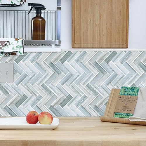 Miniatura 6 de Tilingview 10 azulejos de vinilo para salpicaduras de cocina, azulejos autoadhesivos de plástico, calcomanías de pared de PVC (azul gris espiga)