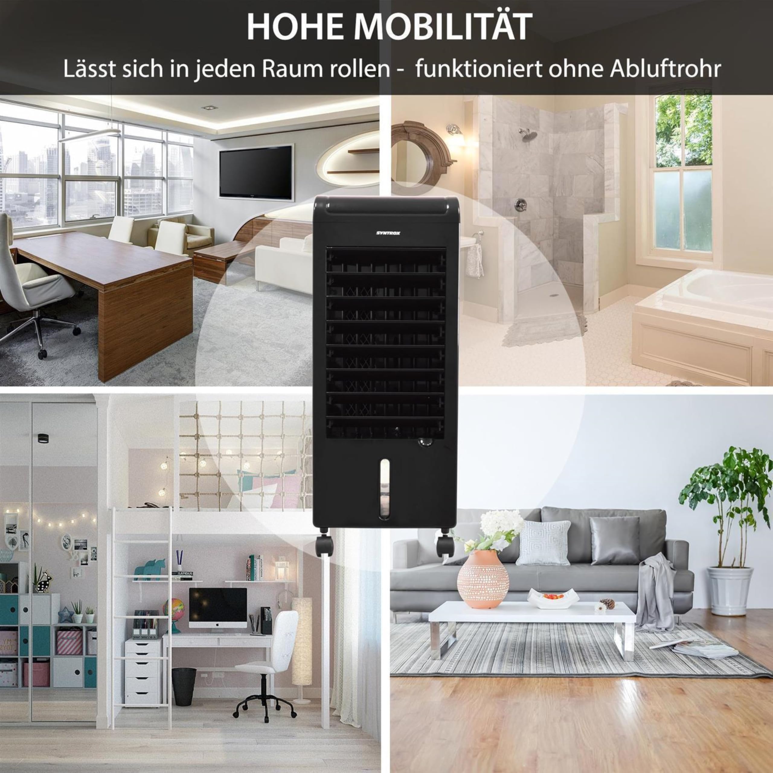 Syntrox Mobiler Luftkühler mit Wasser Soft | Luftbefeuchter | Verdunstungskühler, 80 Watt, 5 Liter Kapazität, Raumluftbefeuchter, Wasserverdunstungskühler, mit Timer