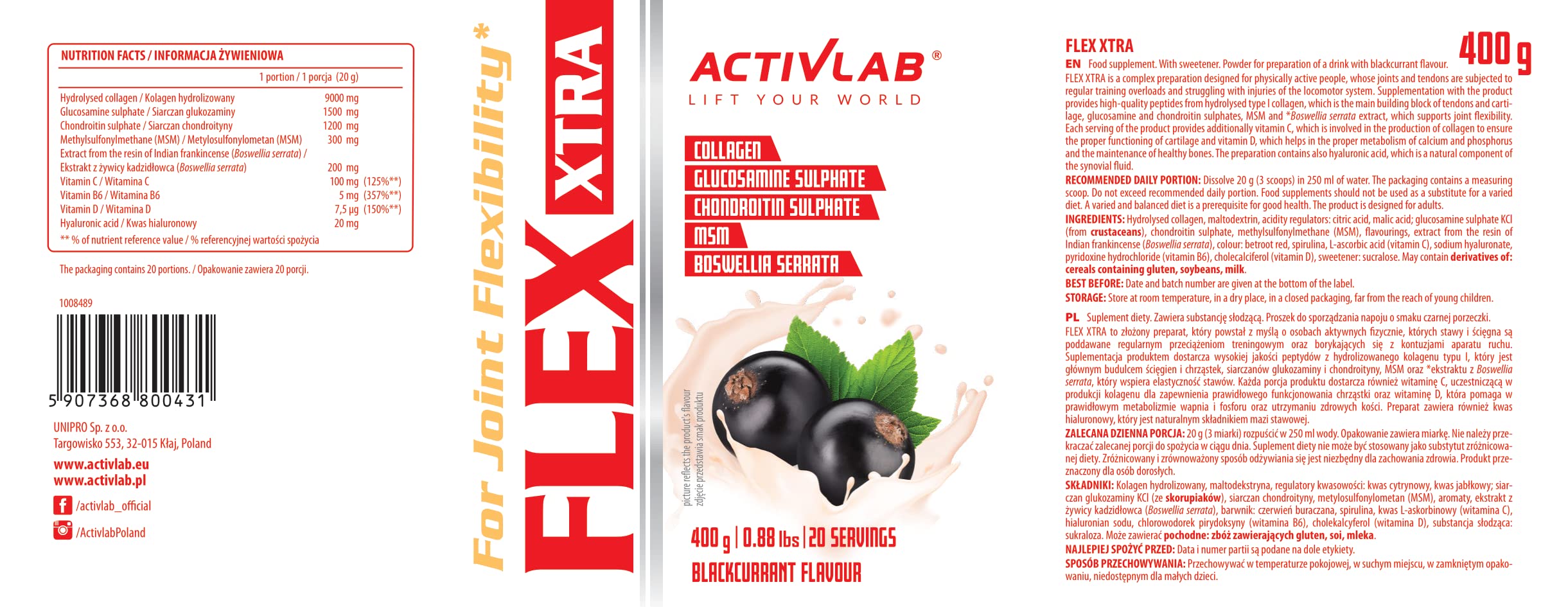 Activlab FLEX Xtra 400g | Czarna Porzeczka | Kolagen Typ I | Glukozamina | MSM | Witamina C B6 D | Hyaluronian | Dla Stawów