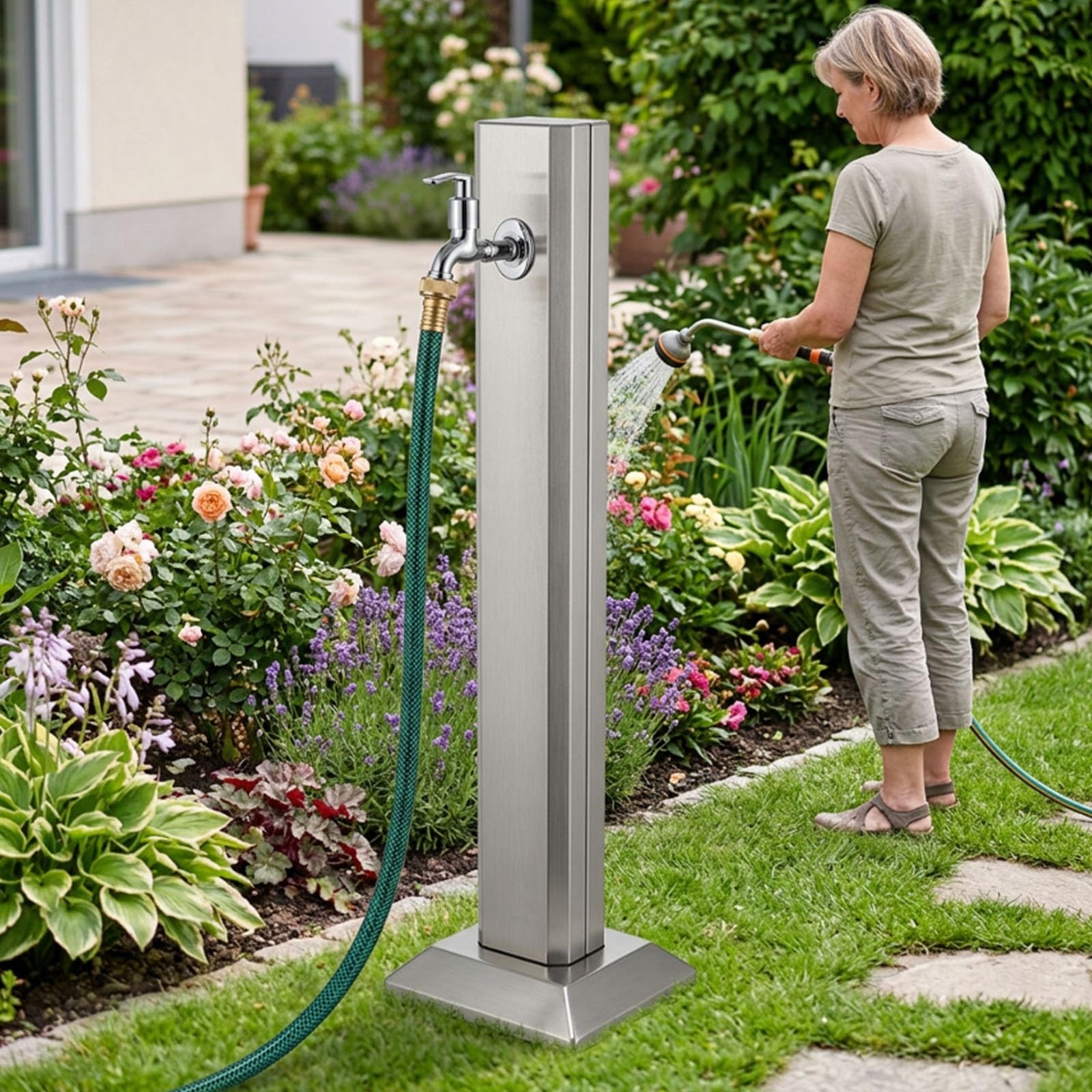 Columna de agua para jardín, Fuente de exterior en acero inoxidable 304 | Grifo de pie para jardín, Dispensador de agua vertical para riego y limpieza