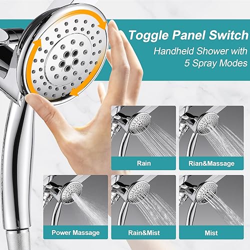 Miniatura 4 de Cobbe Combo de cabezal de ducha de lluvia de 3 vías, cabezal de ducha doble con mano, cabezal de ducha de lluvia de alta presión de 5 modos con