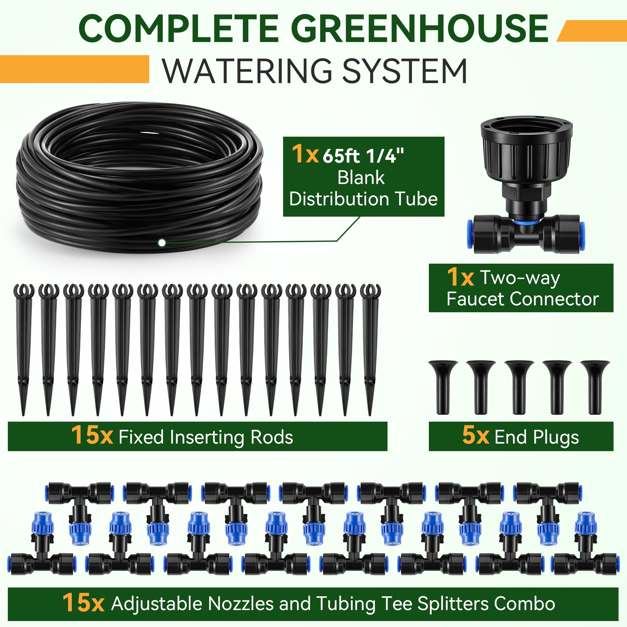 Meonum Sistema de riego de invernadero de 65 pies, conector rápido, sistema de riego automático para plantas, kit de sistema de riego por goteo con tubo en blanco de 1/4 pulgadas, conector de grifo de