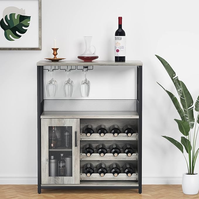 Amyove Wine Bar Rack Cabinet with Detachable Wine Rack, Bar Rack with Glass Holder, Small Sideboard and Buffet Cabinet with Mesh Door, Grey