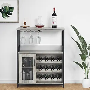 Amyove Wine Bar Rack Cabinet with Detachable Wine Rack, Bar Rack with Glass Holder, Small Sideboard and Buffet Cabinet with Mesh Door, Grey
