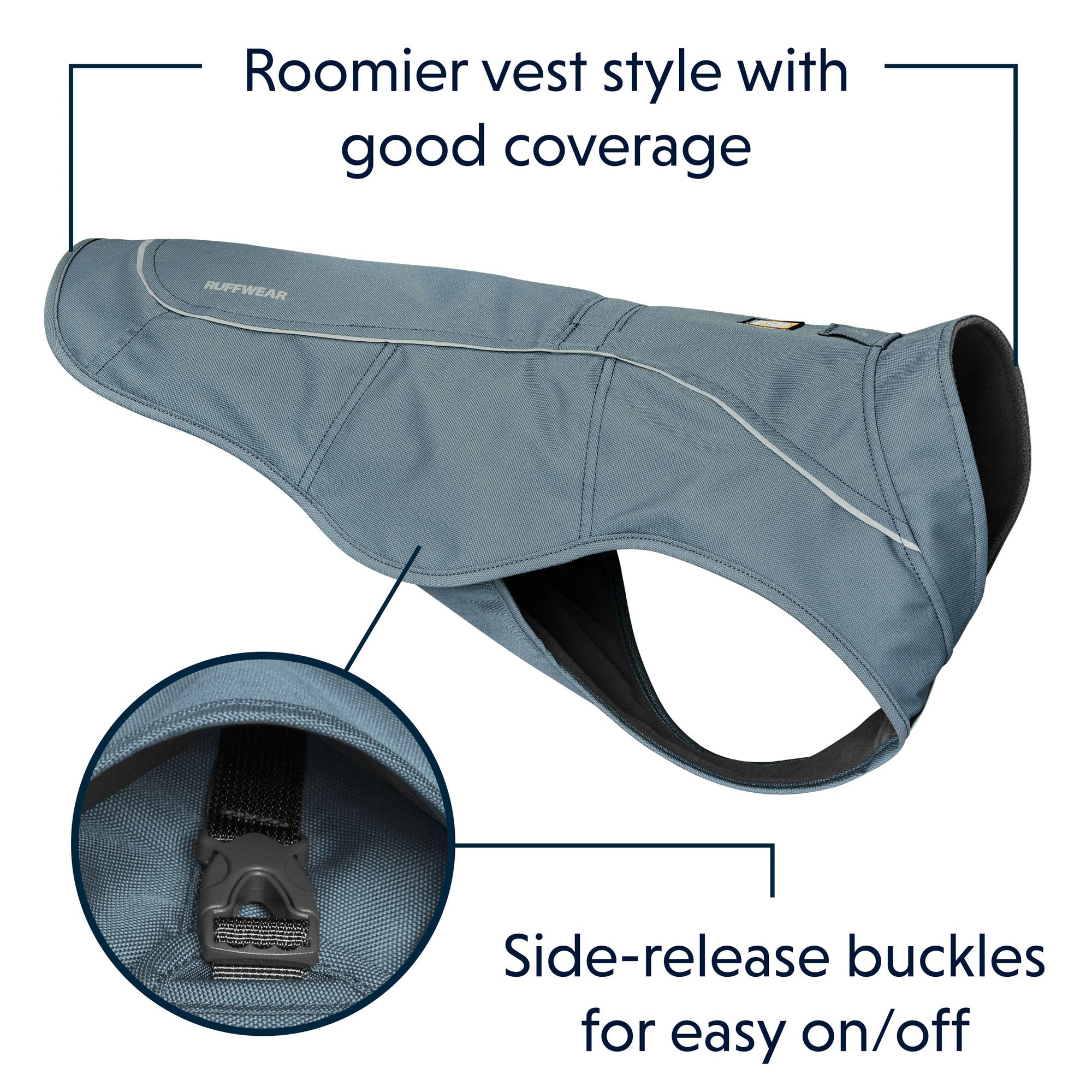 RUFFWEAR Abrigo para Perro, Overcoat, Chaqueta de Perro con Correa y Agujero en el Portal del arnés, Forro Polar de Primera Calidad, Ajustable, Ligero, Lavable a máquina, Slate Blue, XL (91-107cm)