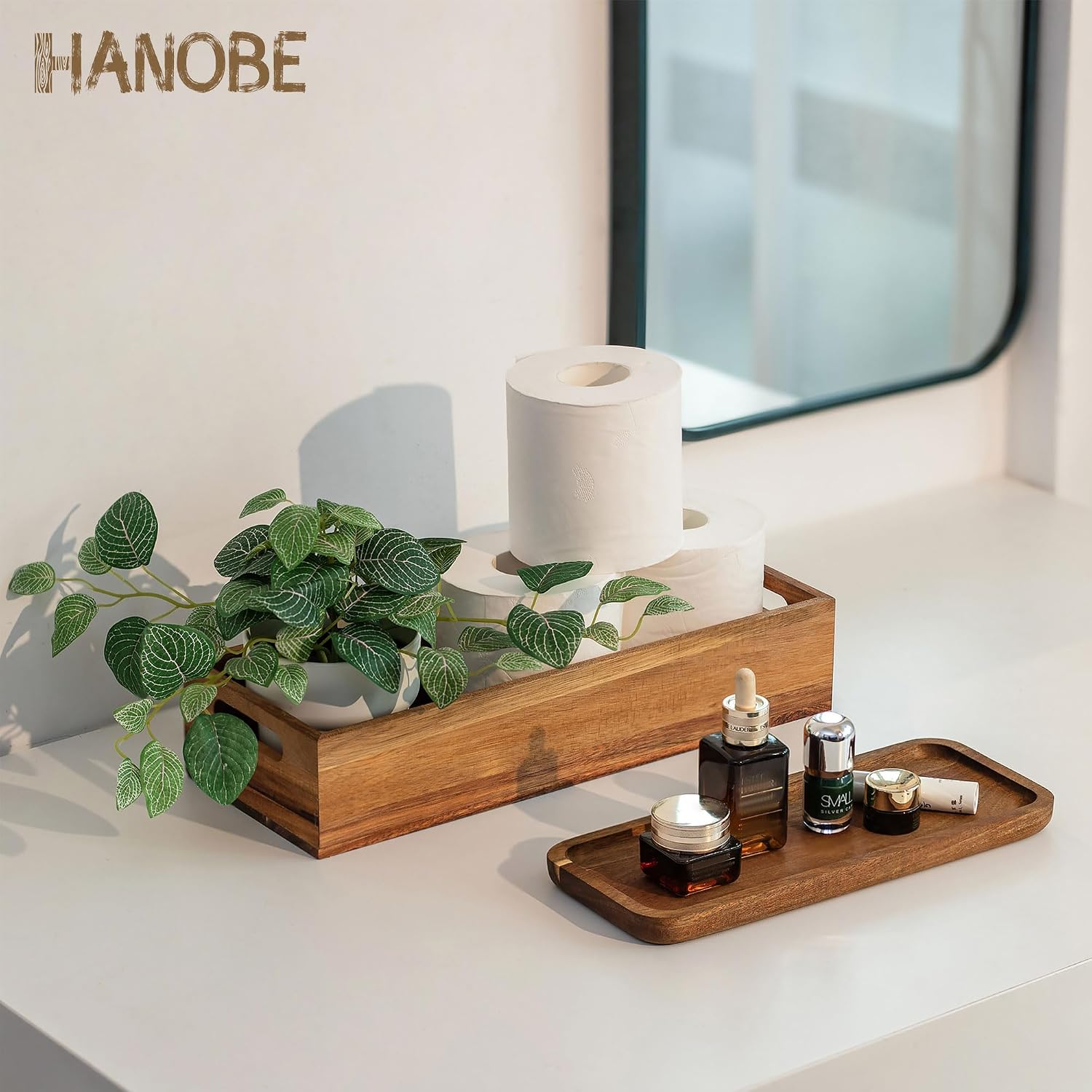 Hanobe Bathroom Toilet Tank Basket: Wood Acacia 2pcs Toilet Paper Topper with Vanity Tray Back of Organizer Toiletry Storage Holder Box