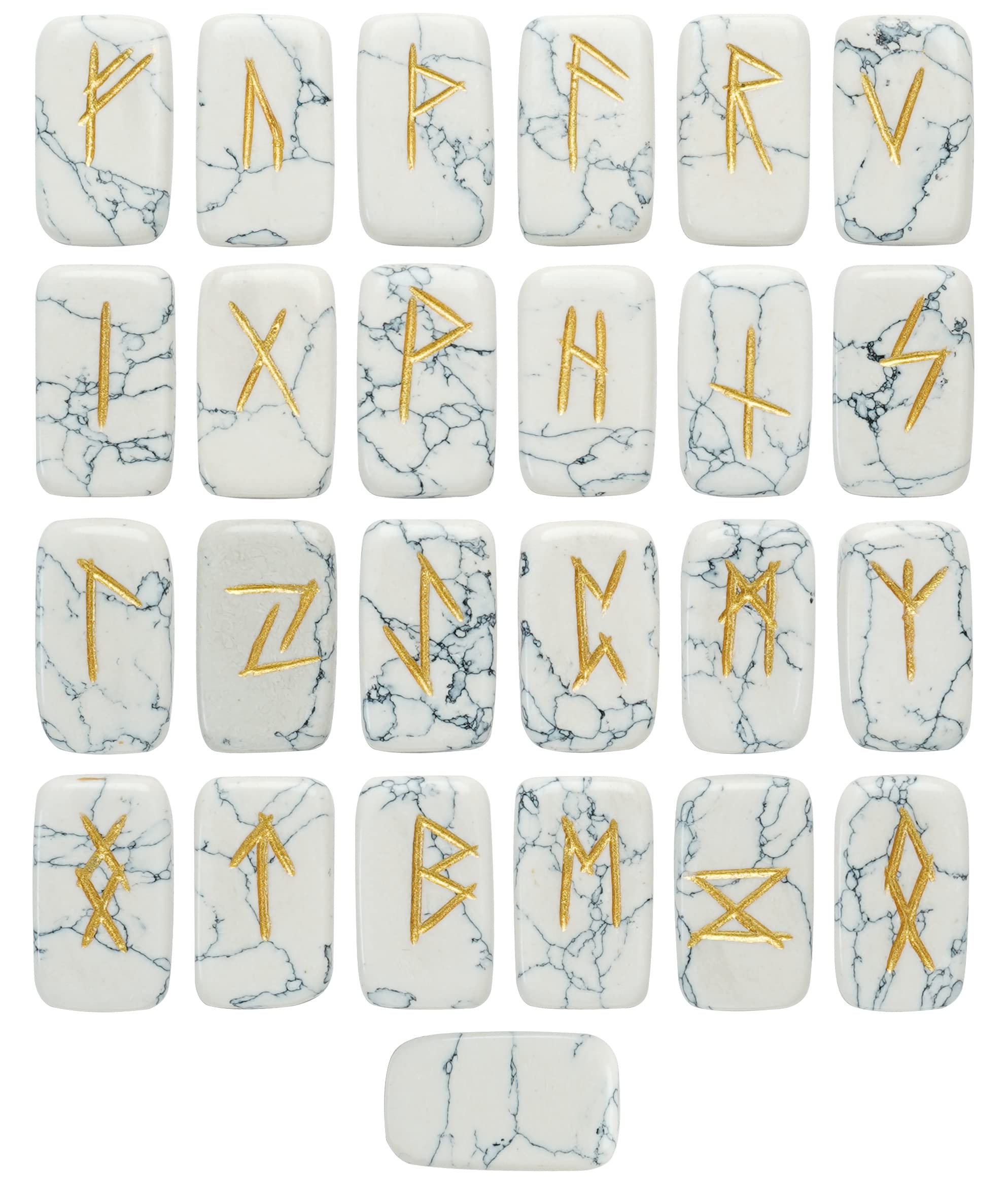 Crocon Howlite Gemstone Engraved Rune Stone Set with Elder Futhark Alphabets for Reiki Healing Chakra Balancing Meditation Cleansing Spiritual Good Luck Gift Home Decor Size: 15-20 mm