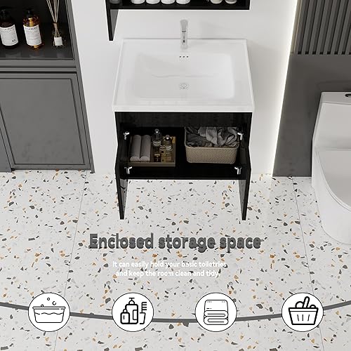 Miniatura 280 de Tocador de baño de 20 pulgadas con lavabo de cerámica, tocador de baño pequeño montado en la pared con puerta de cierre suave, gabinete flotante