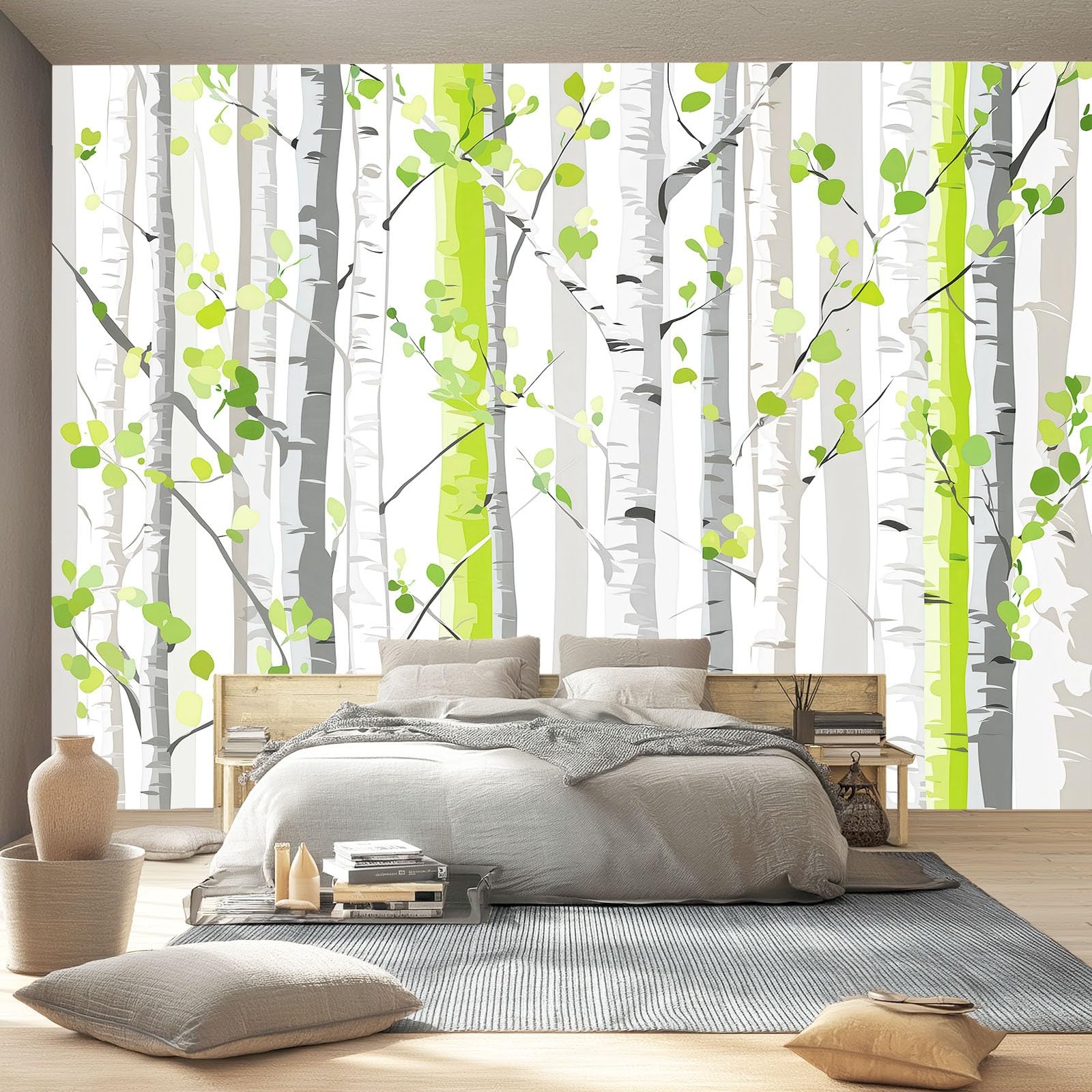 Fototapeta 400 x 280 cm ściany dekoracja salonu natura wzór do sypialni salonu tapeta z włókniny, zielone paski leśne brzozowe