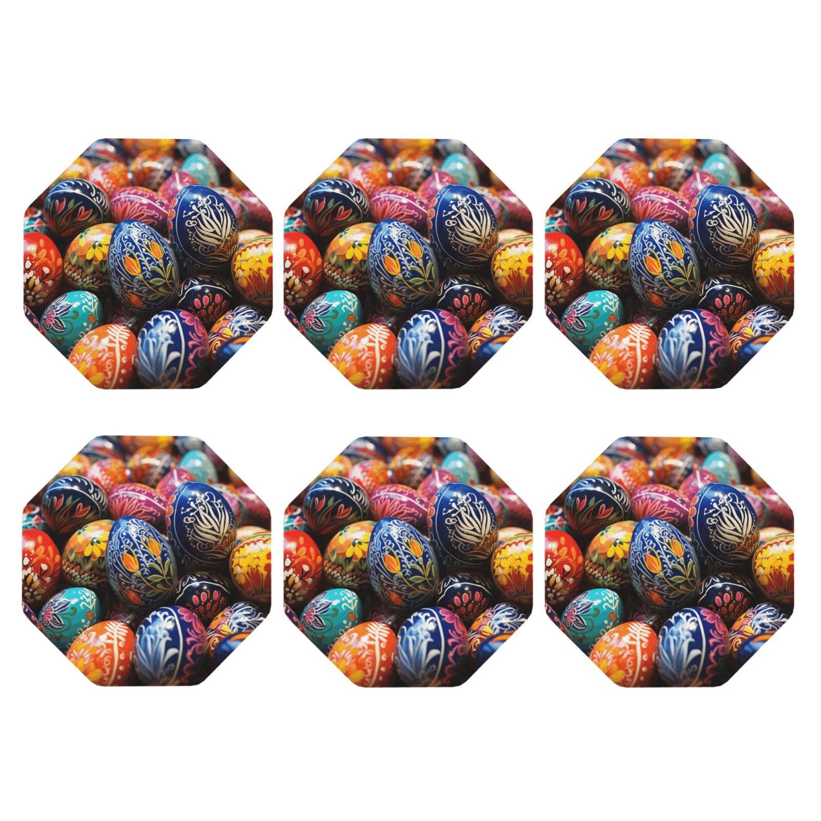 6pcs Leather Coasters for Drinks, Colorful Hand Painted Easter Eggs Drink Coasters for Tabletop Protection, 4" Cup Coasters for Coffee Table Decor, Non-Slip Drinking Cup Mat for Hot Or Cold Drink