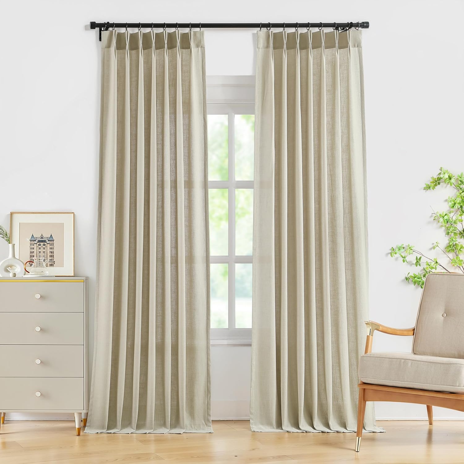 WEST LAKE Sand Pinch Pleated Semi Sheer Curtains 102 Inches Long,French Pleat Linen Blended Light Filtering Drapes for Bedroom Living Room,Modern Window Treatment,40″ Wx102,Pack of 2