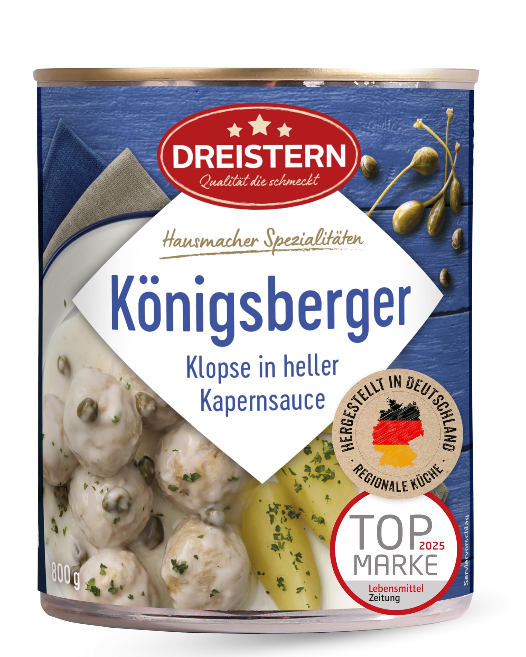 DREISTERN Königsberger Klopse 800g I 8 Klopse in heller Kapernsauce I Herzhaftes Fertiggericht in recyclebarer Konservendose I Lange Haltbarkeit dank natürlicher Konservierung I Hausmacher Qualität