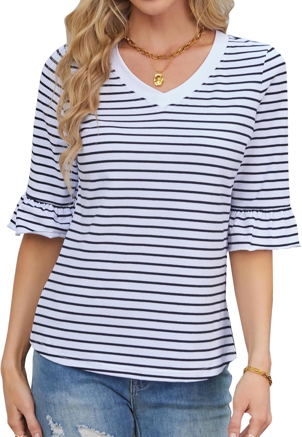 LilyCoco Striped Shirt Women Ruffle 3/4 Sleeve Casual V Neck T Shirts - Image 2