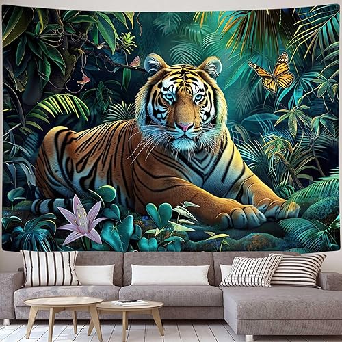 Miniatura 4 de MERCHR Tapiz de bosque natural, tapiz para colgar en la pared, diseño de animales de tigre, paisaje, paisaje, para dormitorio, sala de estar,