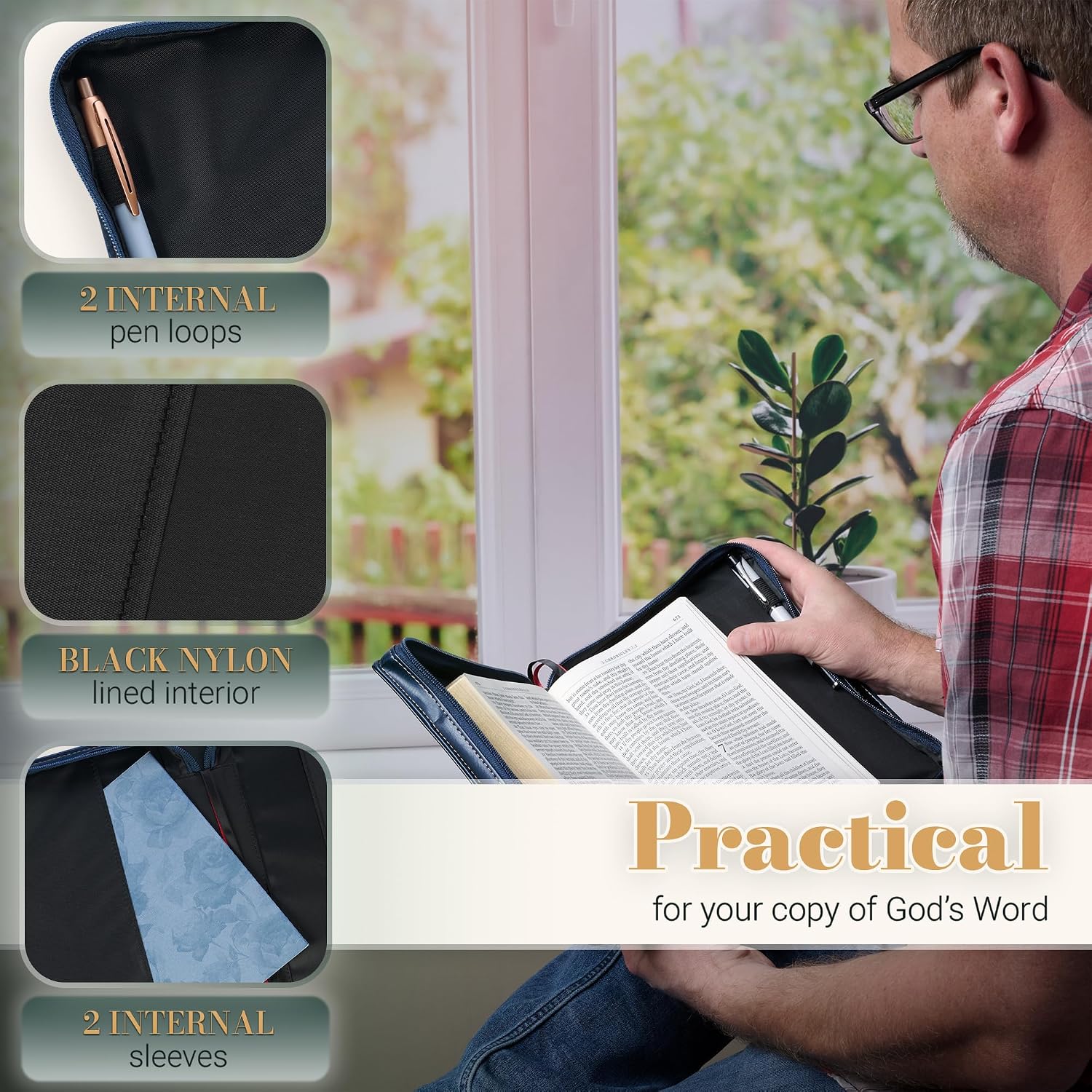 Christian Art Gifts Premium Vegan Leather Inspirational Scripture Bible Cover for Women, Men & Grads: Know the Plans Bible Verse, Easy Carry Zippered Case, Pen Loops, Pockets, Navy Blue & Gold, Large