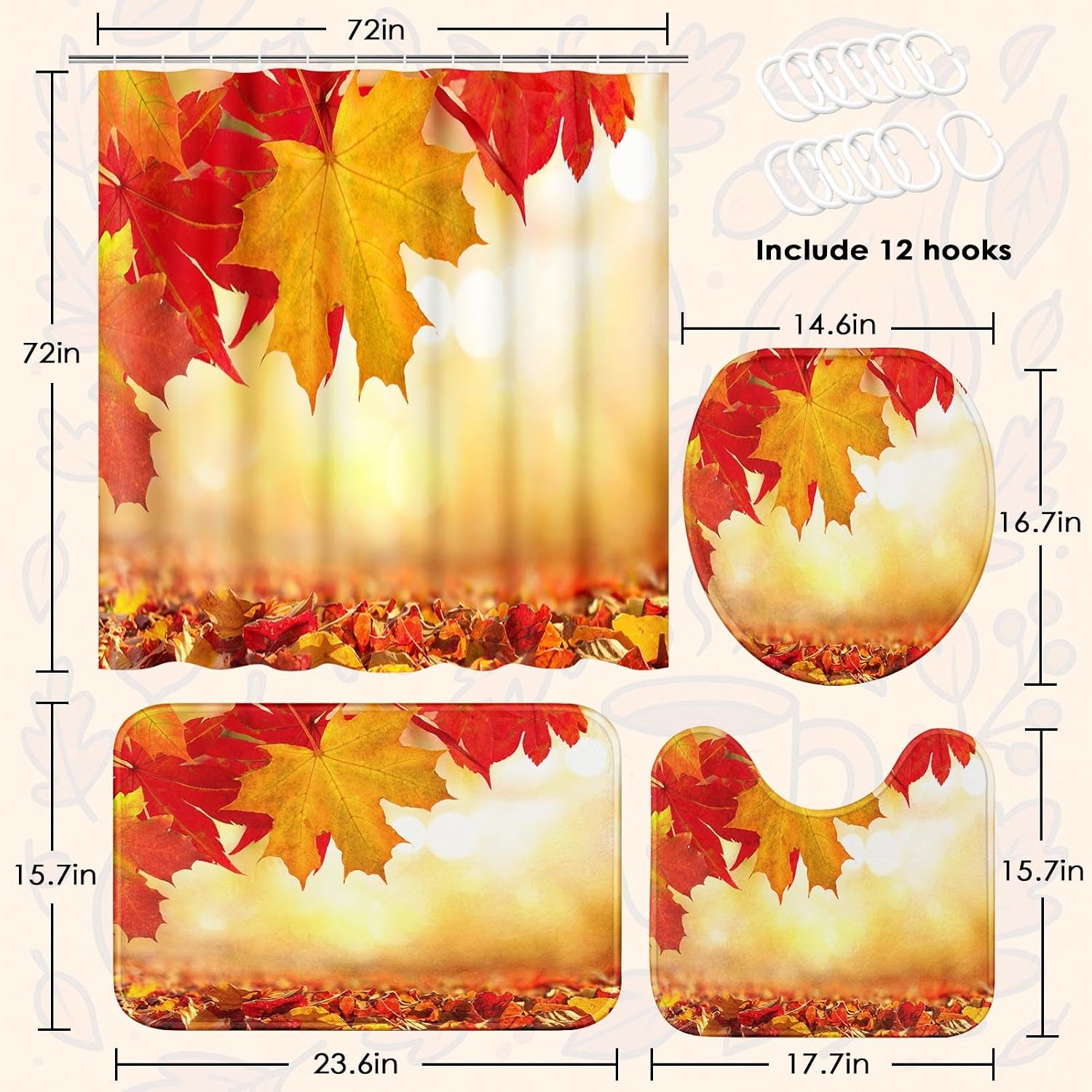 Bathroom Sets with Shower Curtain and Rugs, Fall 4 Pcs, Autumn image 3