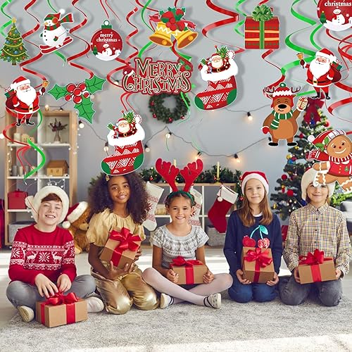 Miniatura 7 de 30 decoraciones de remolinos colgantes de Navidad, serpentina de plástico para decoración de techo de fiesta de Navidad, Papá Noel, letrero de alce,