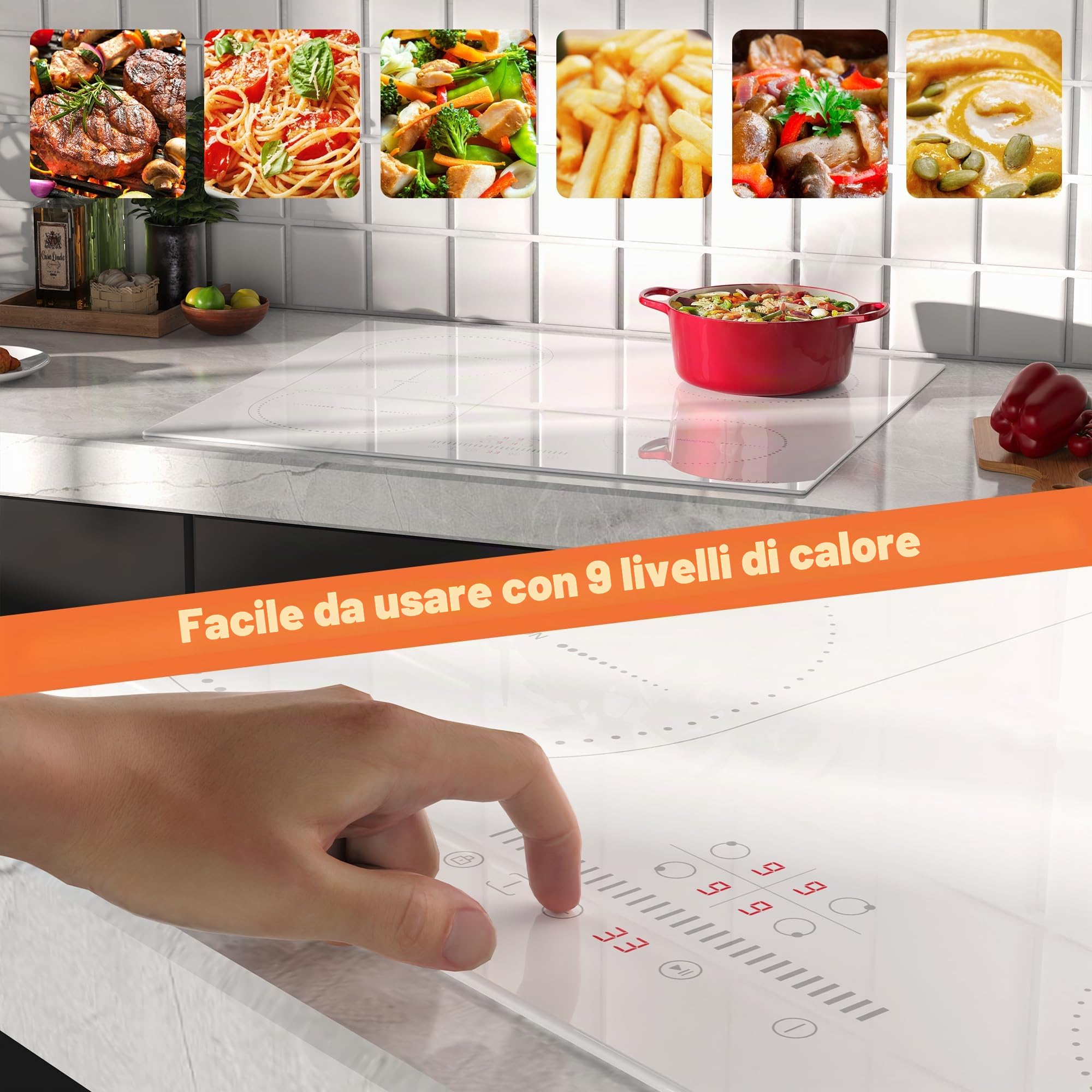 NOXTON Piastra a induzione bianca, 4 fuochi, 60 cm, zona flessibile | Funzione Boost, comandi scorrevoli, funzione di isolamento termico, cronometro, 60 cm, 3500 W, con spina