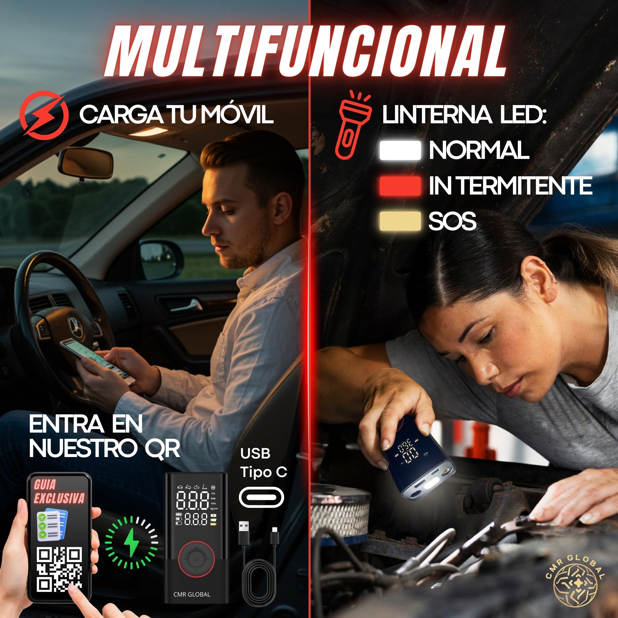 SUPER PRO Compresor Aire Portatil. Inflador Ruedas Coche. Inflador Eléctrico con Linterna 150 PSI para Coche Moto Bicicleta Pelota. Hinchador eléctrico Batería Recargable 4000 mAh. Viaje Emergencia - 5