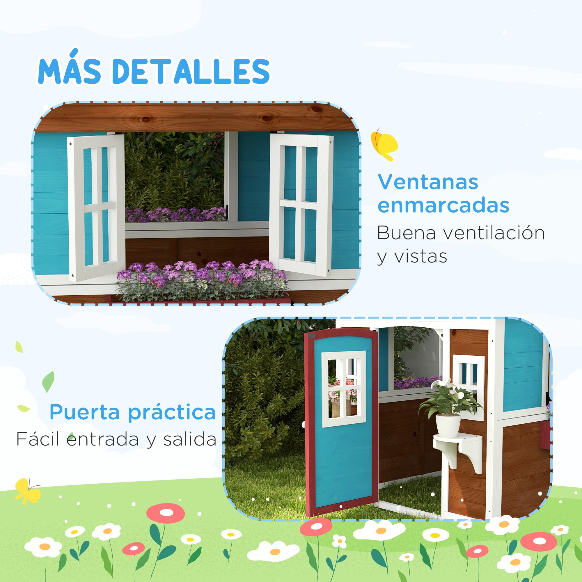 Outsunny Casita Infantil Madera Puerta Ventanas Jardineras Soportes Flores Casa Jardín Niños 3-8 Años Marrón Oscuro