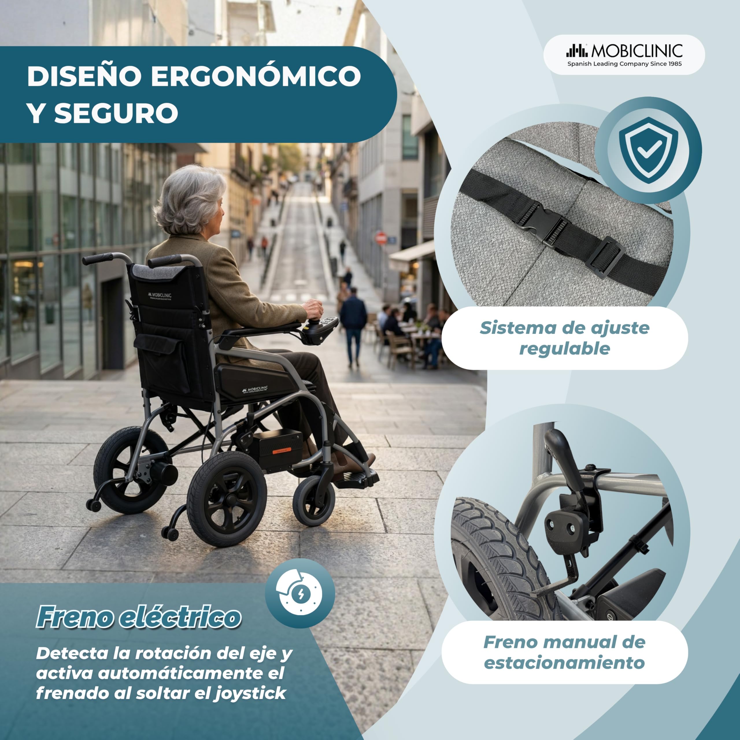 Mobiclinic®, Silla de Ruedas Eléctrica, Plegable, Autonomía 10 km, Freno Electrónico, 24V 5,2Ah, Modo Automático y Asistido, Hasta 100 kg, Sistema Antivuelco, Hasta 6km/h, Motor 130W, Mara