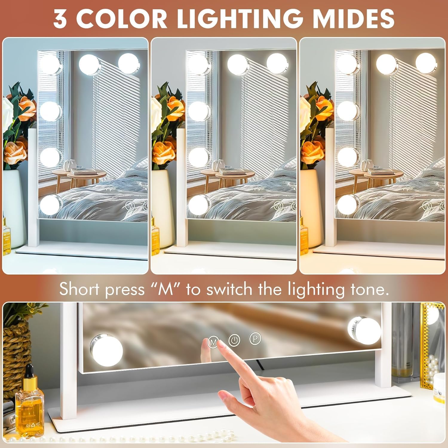 Kottova Lustro kosmetyczne ze światłami, lusterko do makijażu LED 38 x 30 cm, podświetlane lusterko do makijażu z 10-krotnym lusterkiem punktowym, Smart Touch, 3 kolory, możliwość ściemniania, obrót o