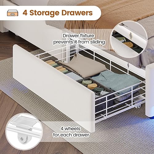 Miniatura 4 de BTHFST Base de cama Queen con 4 cajones y cabecera de almacenamiento, marco de cama LED tamaño Queen con estación de carga, cama tapizada de