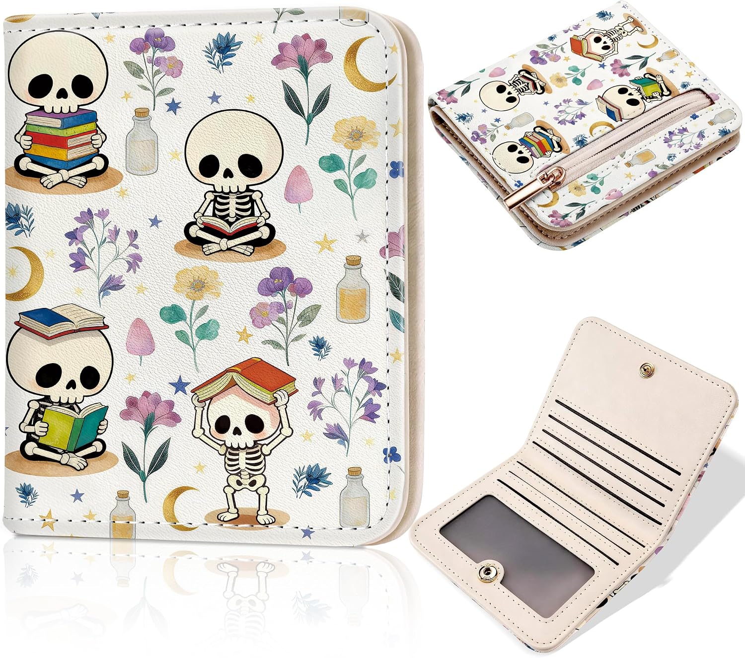 Toughergun Bookish Skeletons RFID Small Wallet Women, Slim Thin Vegan Leather Bifold Wallet with Zipper Coin Pocket & ID Window, Cute Mini Travel Credit Card Holder Gift for Women Ladies Teen Girls