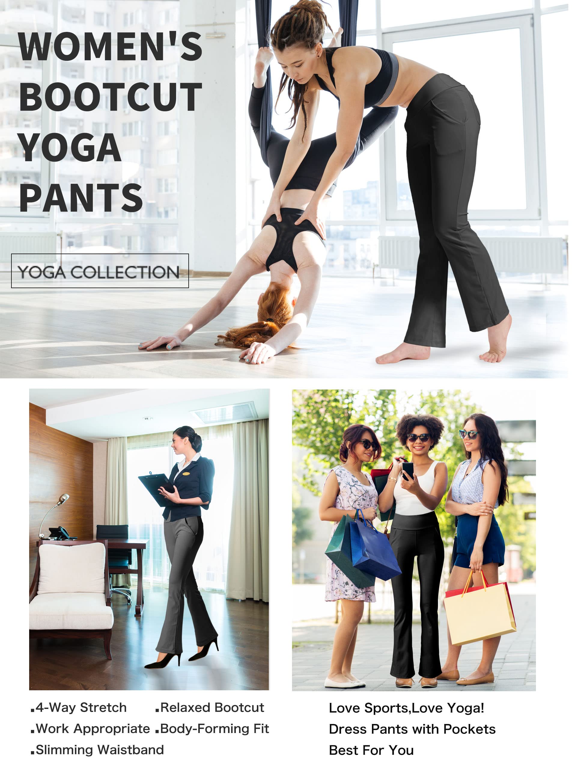 LaiEr Women's Yoga Pants with 4 Pockets High Waist Work Pants 4 Way Stretch Tummy Control Long Flare Pants