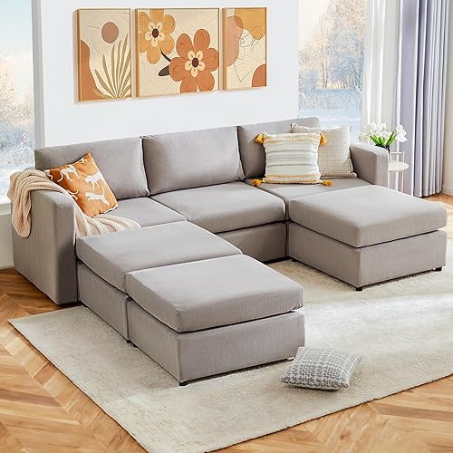 Sweetcrispy Convertible Modular Sectional Sofa, 6 Seat Sectional Couches for Living Room, U-Shaped Modern Fabric Modular Sofa Sleeper with Double Chaise for Home, Apartment, Dorm, Grey