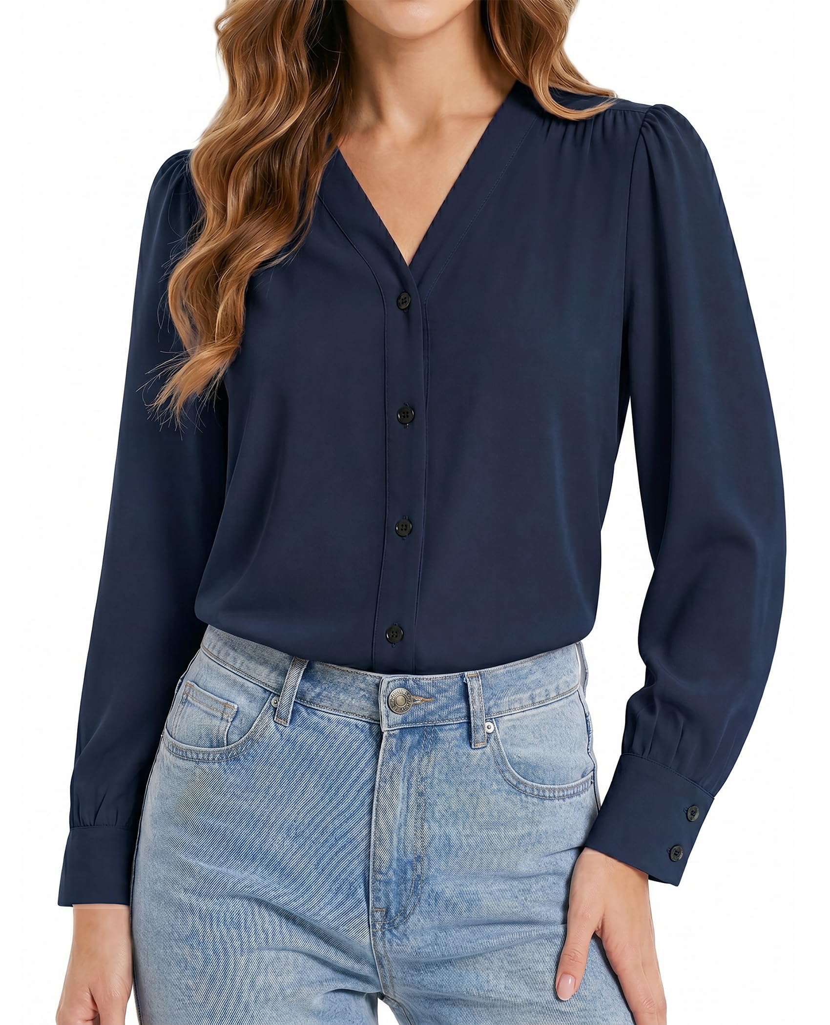 Enmain Camicia Donna Elegante Manica Lunga Camicetta Chiffon con Scollo a V Blusa Cerimonia Casual Ufficio con Bottoni