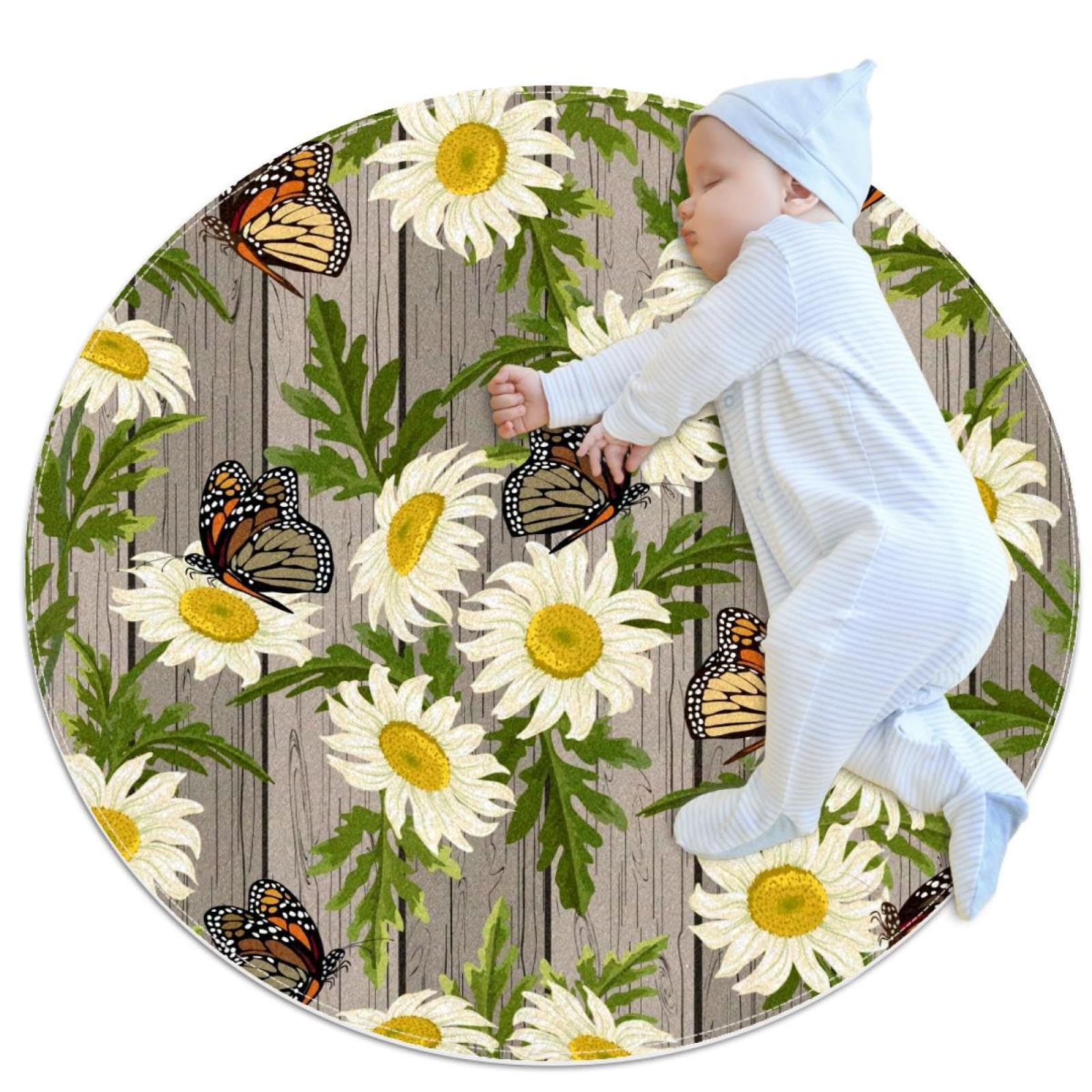 Tapis de bain antidérapant rond 1m motif papillon et fleurs