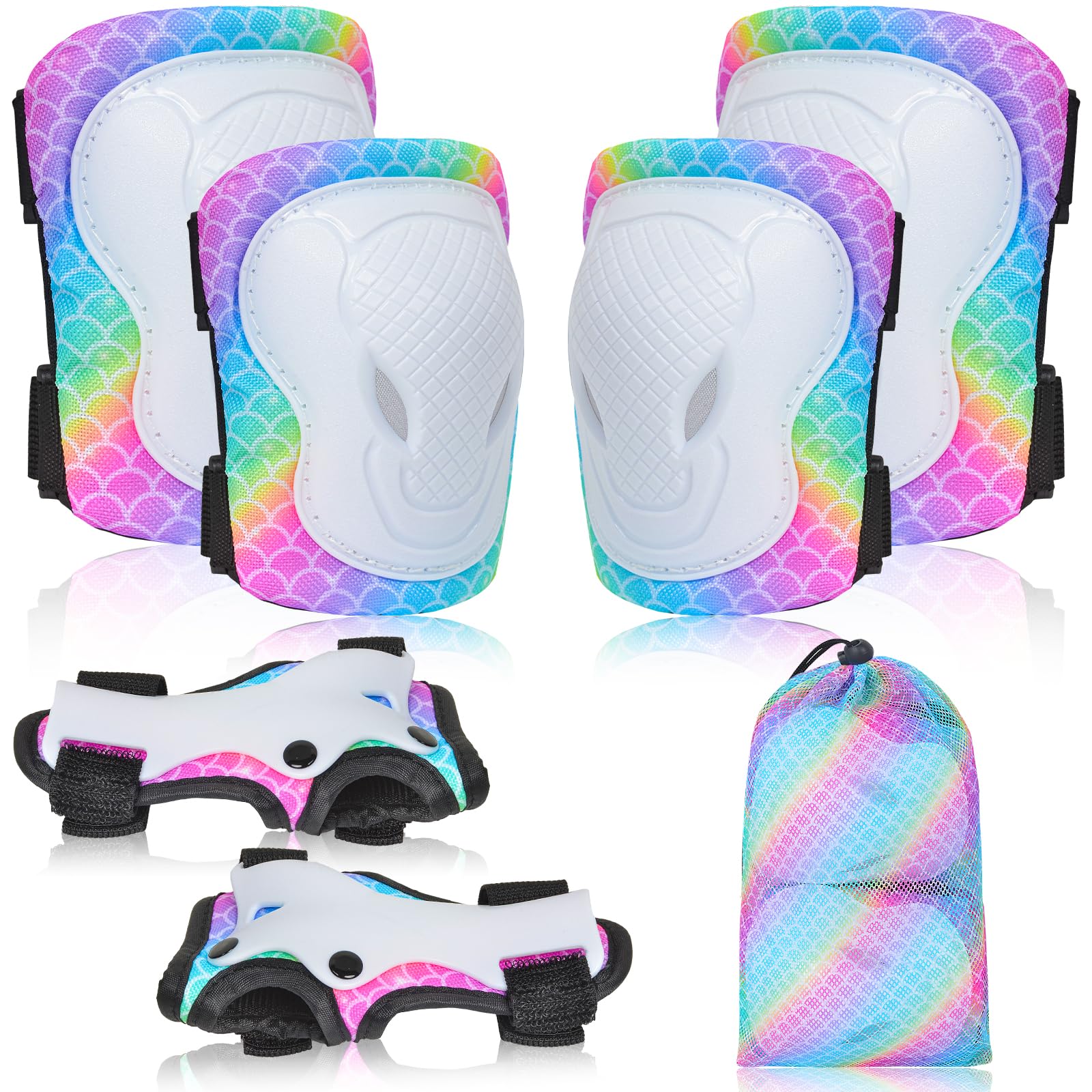 Knee Pads for Kids Elbow Pads Wrist Guards with Drawstring Mesh Bag, 7 in 1 Protective Gear Set for Girls Boys for Skating Cycling Scooter, 3-8 Years (Rainbow Mermaid)