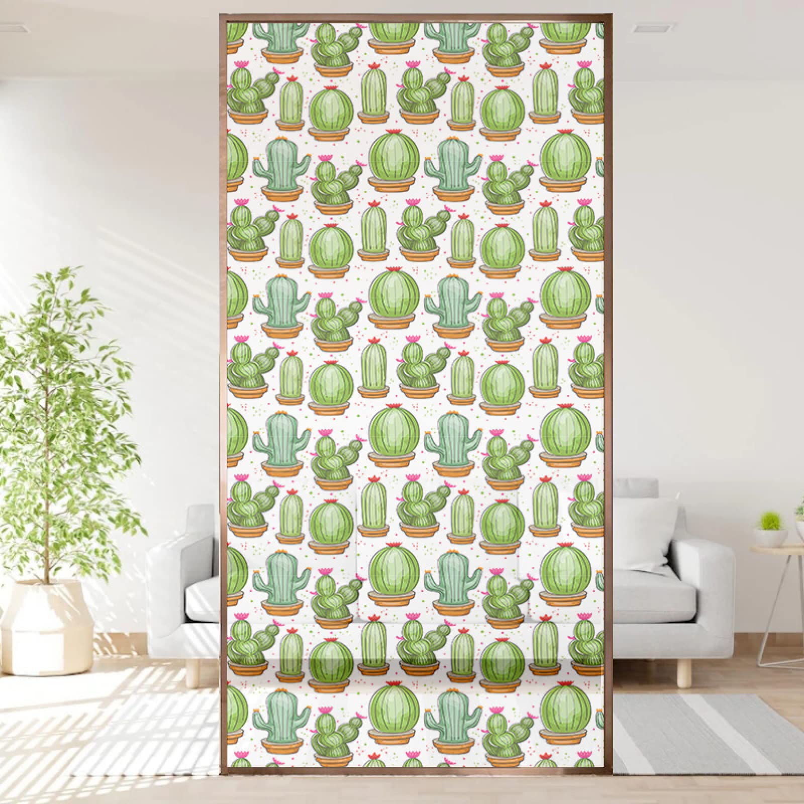 Fensterfolie Farbiger Cartoon-Kaktus Sichtschutzfolie 3D Sichtschutz Folie Ohne Klebstoff Milchglasfolie Anti UV Dekorfolie für Zuhause und Büro, Bad Wohnzimmer 90x200 cm