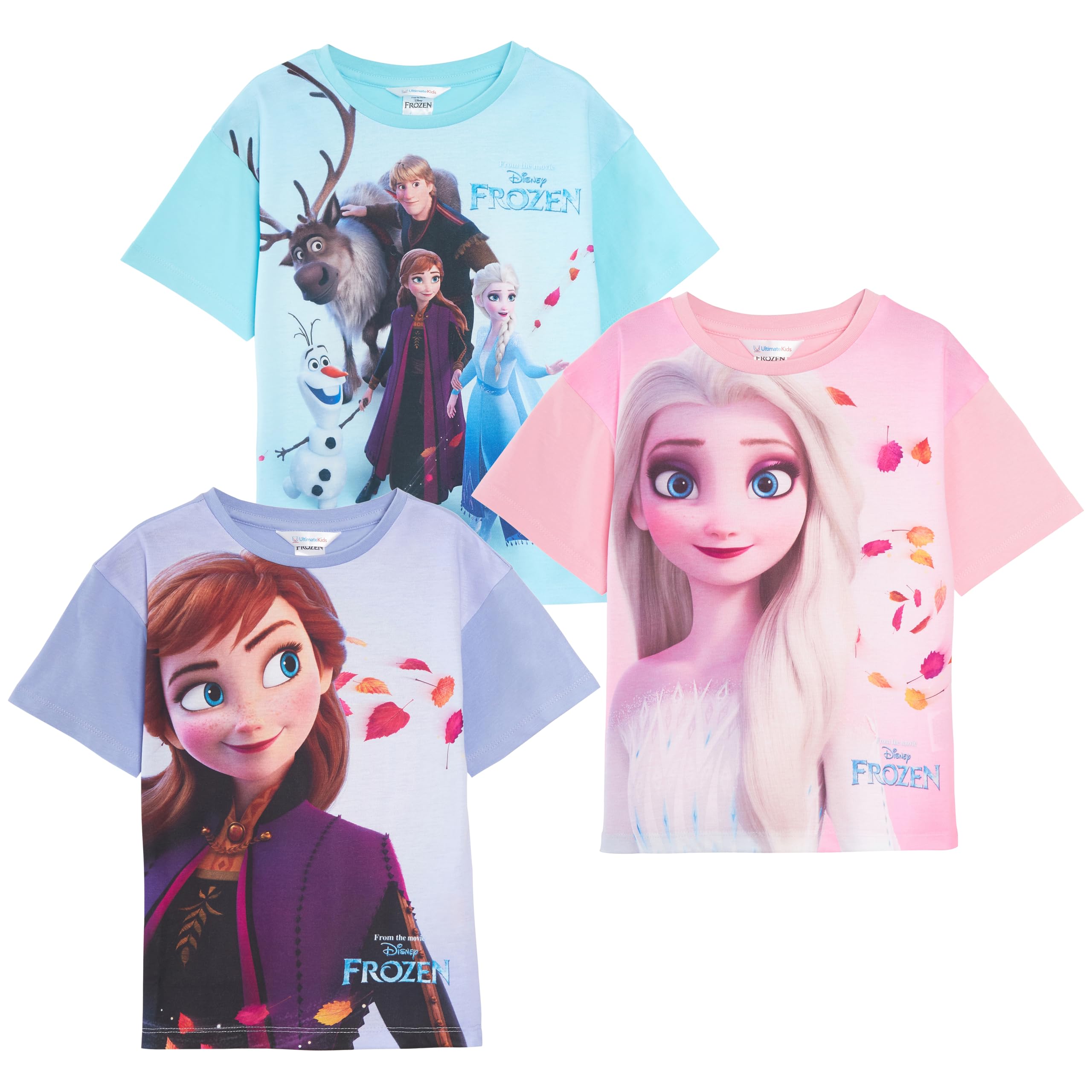 Disney Confezione da 3 magliette di Frozen, per bambini, con Elsa e Anna, in cotone, idea regalo