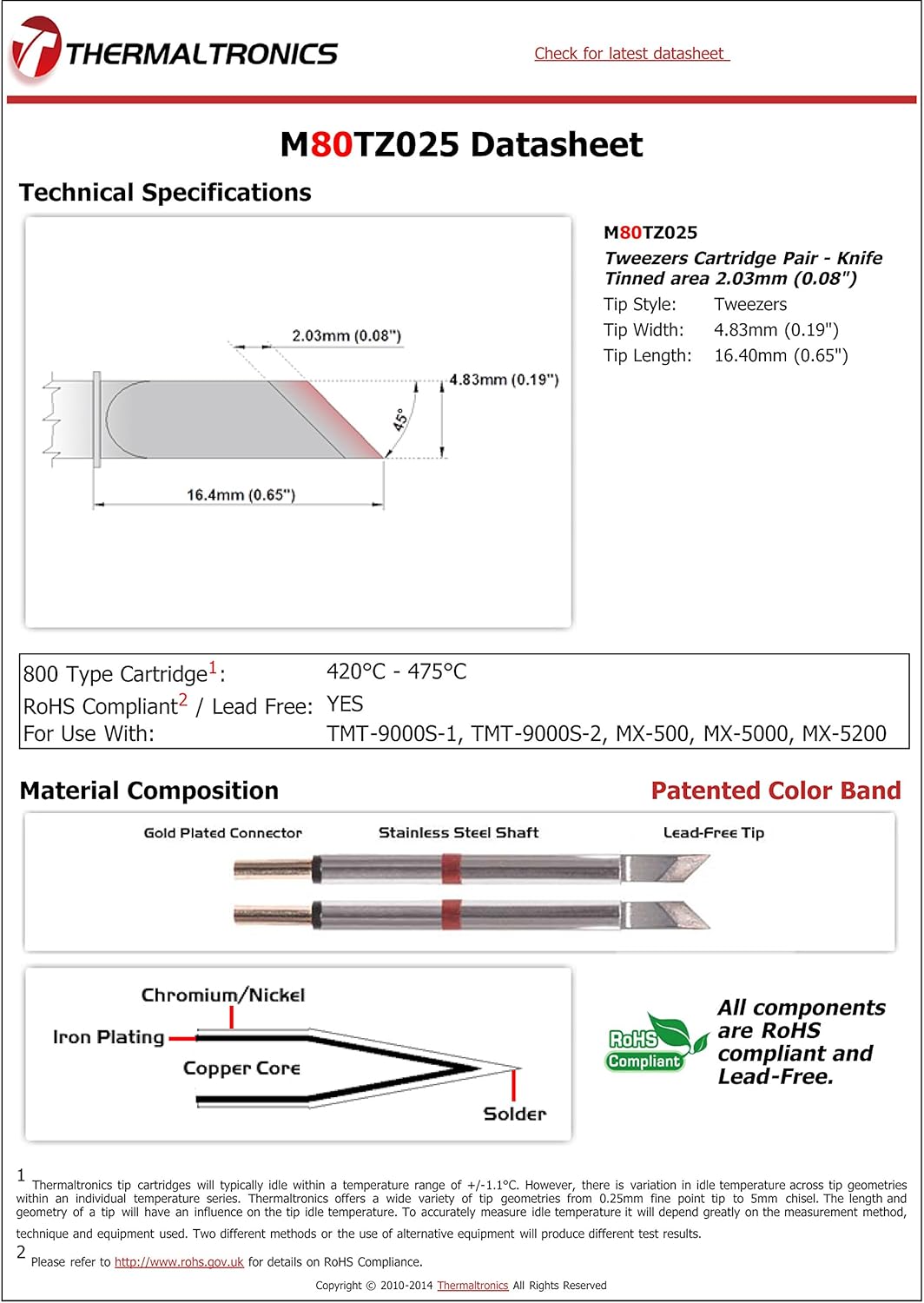 Thermaltronics M80TZ025 Tweezers Cartridge Pair - Knife Tinned area 2.03mm (0.08in)