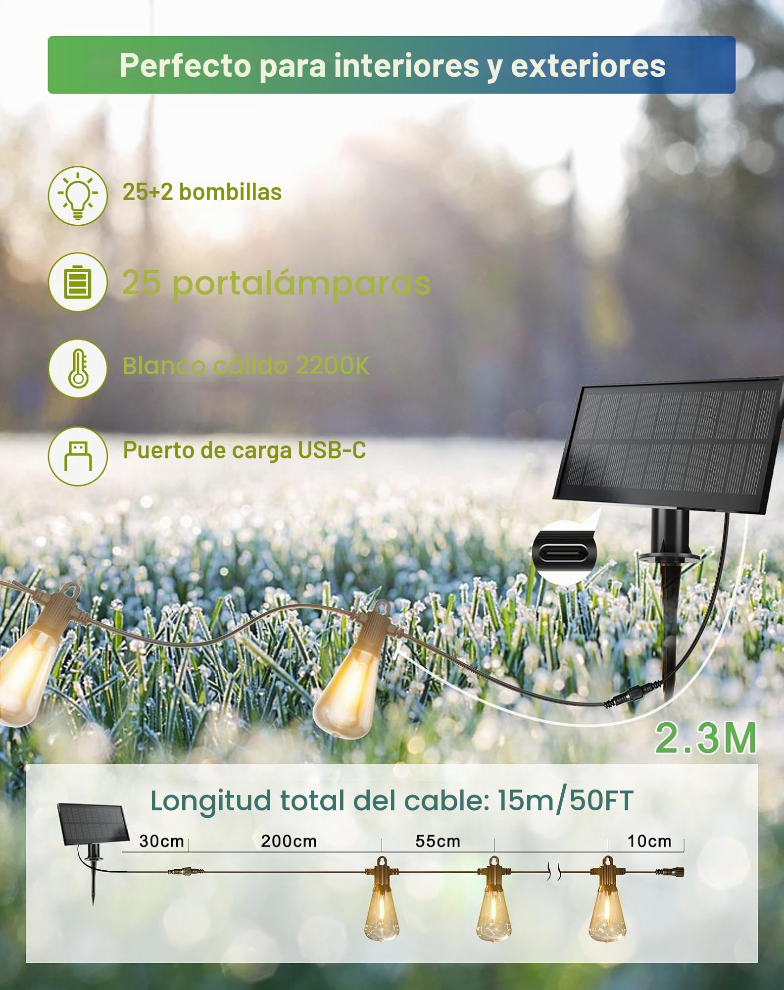 Zuske Guirnaldas Luces Exterior Solar 15M, IP65 Impermeable Guirnaldas Luces Exterior Solares con 25+2 LED Bombillas, 5 Modos para Jardin Balcón Patio Terraza
