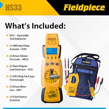 Fieldpiece HS33 Expandable Manual Ranging Stick Multimeter for HVAC/R 400A Clamp - Non-Contact Voltage with Temperature to 1000F - Capacitance and K-Type Thermocouple - HVAC Electrical Tester