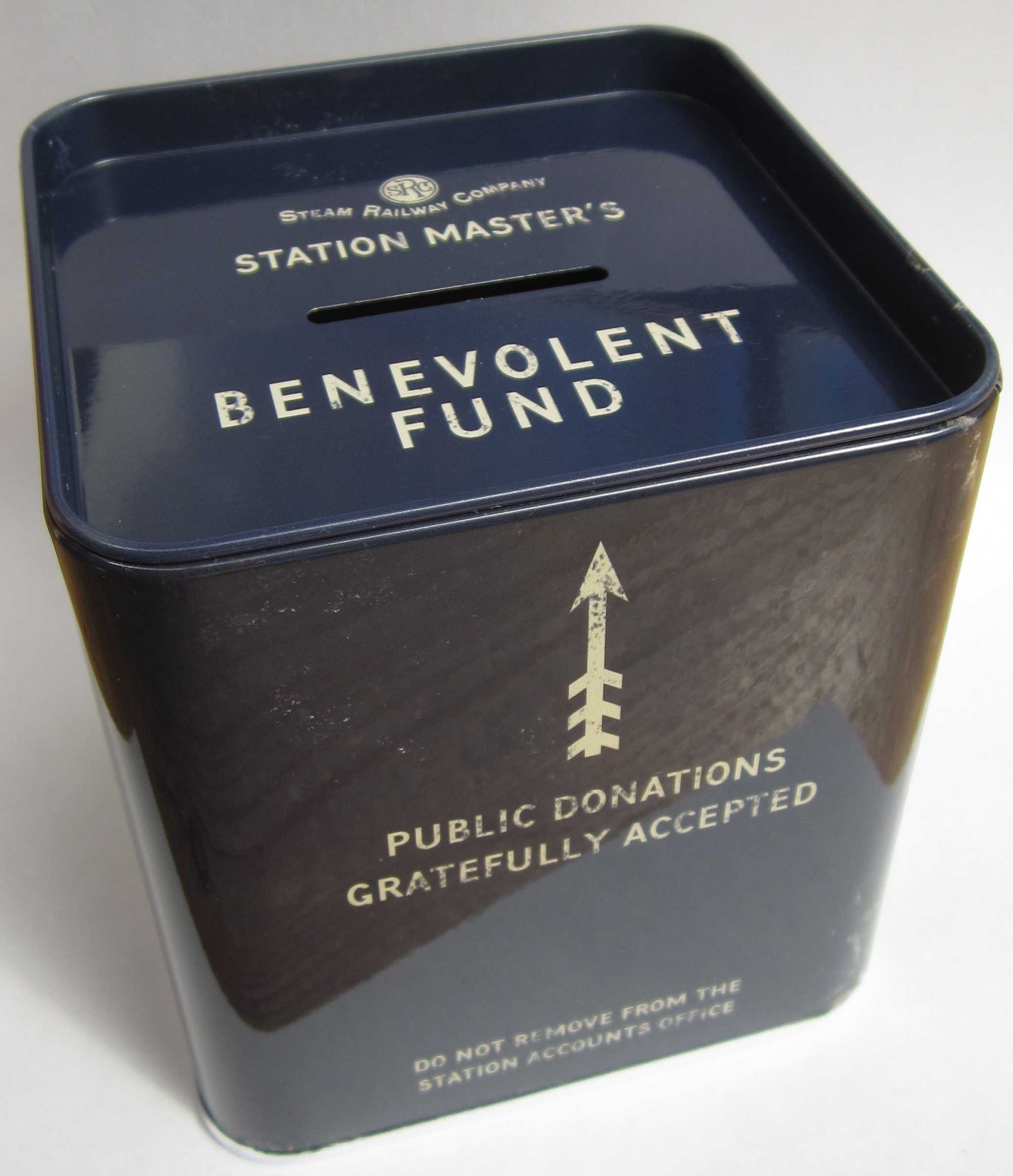 Steam Railway Company Blue Station Master's Benevolent Fund Money Box Tin