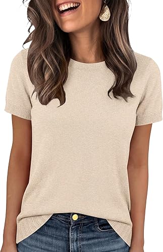 ANRABESS Short Sleeve Sweater for Women Lightweight Crewneck Wool Blend Sweaters Tops Spring Summer Business Casual Outfits